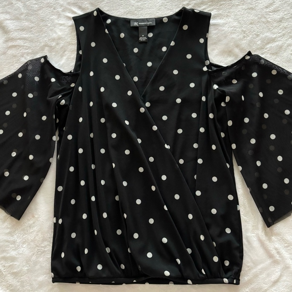 INC Long Sleeve Cold Shoulder Polka Dot Surplice Top--EUC--M - Picture 7 of 14